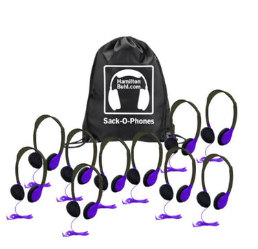 HamiltonBuhl Sack-O-Phones: 10 personal purple headphones for school in a convenient carry bag.